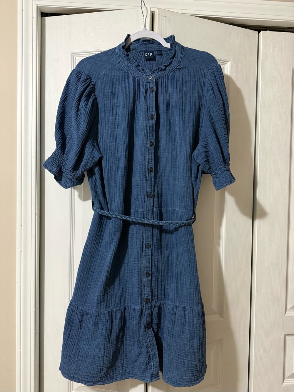 GAP Navy Button Front Cotton Midi Dress with Braided Belt and Puff Sleeve - XL